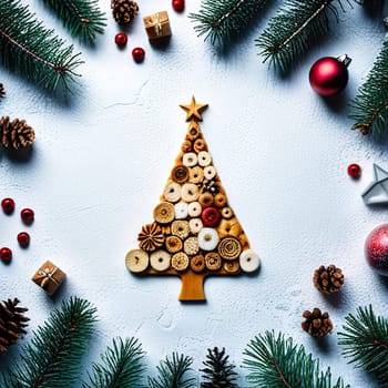 New Year and Christmas background with Christmas tree, Christmas decorations and rustic wooden boards