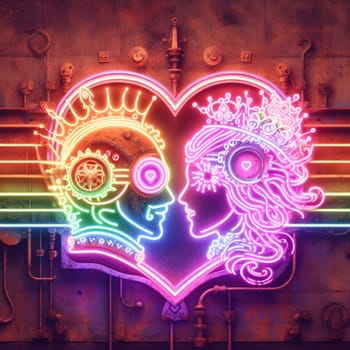 steampunk king and queen in love neon sign valentines illustration concept rusty background generative ai art