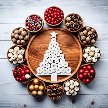 Trendy Christmas tree ornaments, gift boxes and pine branches on background . Minimal Concept of New Year's Flat lay.