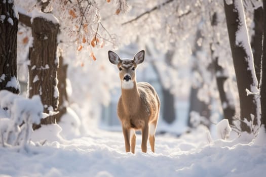 An enchanting winter tableau, showcasing the grace and resilience of wildlife, including deer, birds, and squirrels, in their natural habitats during the frosty season.