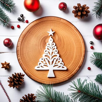 Trendy Christmas tree ornaments, gift boxes and pine branches on background . Minimal Concept of New Year's Flat lay.