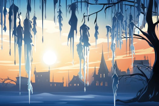 A remarkable portrayal of winter's allure, focusing on the glistening, see-through charm of icicles suspended from rooftops and tree limbs, showcasing their sparkling and crystalline elegance.