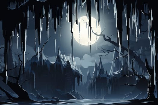 A remarkable portrayal of winter's allure, focusing on the glistening, see-through charm of icicles suspended from rooftops and tree limbs, showcasing their sparkling and crystalline elegance.