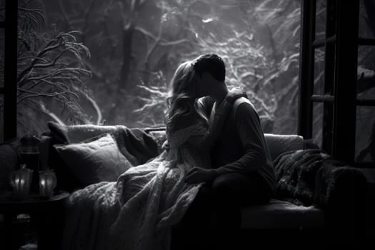 A heartwarming depiction of the winter season's charm, with individuals captured indoors, basking by a crackling fire, indulging in hot cocoa, or cocooned in soft blankets.