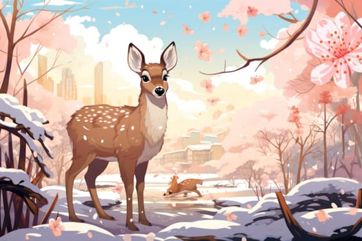An enchanting winter tableau, showcasing the grace and resilience of wildlife, including deer, birds, and squirrels, in their natural habitats during the frosty season.