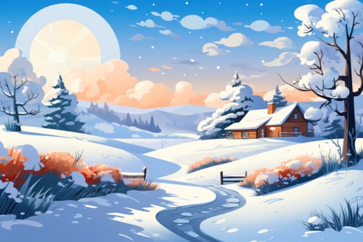 An exquisite winter composition, expertly capturing the tranquil allure of recently fallen snow draping over trees, landscapes, and architectural structures.