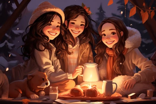 A heartwarming depiction of the winter season's charm, with individuals captured indoors, basking by a crackling fire, indulging in hot cocoa, or cocooned in soft blankets.