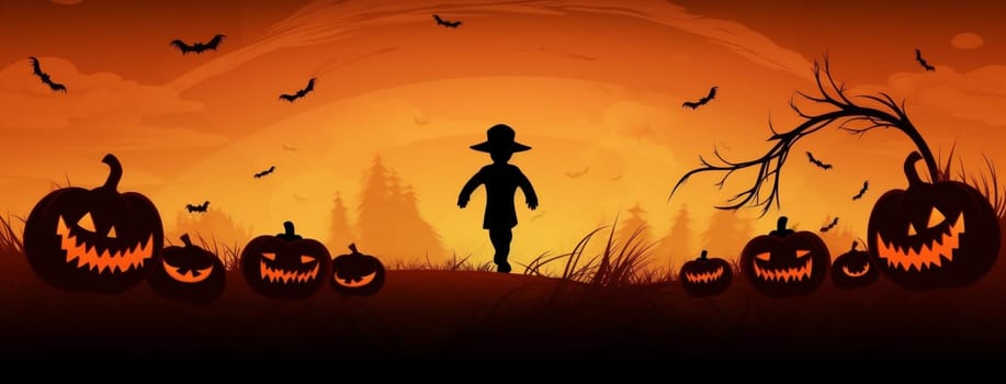 silhouette dark halloween field horror happy fear background ghost scary illustration night moon holiday black orange autumn face october pumpkin. Generative AI.