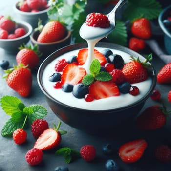 From side delicious homemade yogurt with strawberries, berries and cereals.