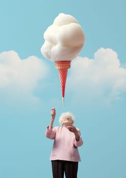 White woman pink cold pastel cloud food holiday ice creative cone cream summer sweet delicious tasty party female background dessert waffle concept