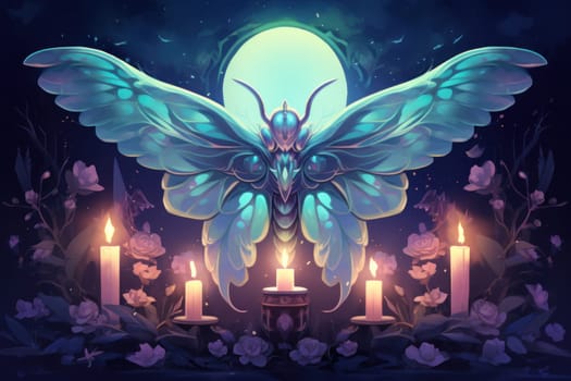 A captivating portrayal of celestial moth guardians, their ethereal presence warding off malevolent spirits with a soft, lunar glow.