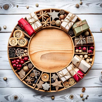 Christmas composition. Christmas gift boxes, pine cones, fir branches on wooden background. Flat lay, top view,