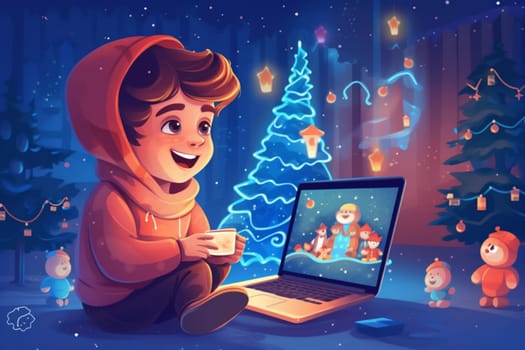 computer online child cyberspace holiday illustration young family hat laptop digital cute baby technology christmas happy video celebration home chat. Generative AI.