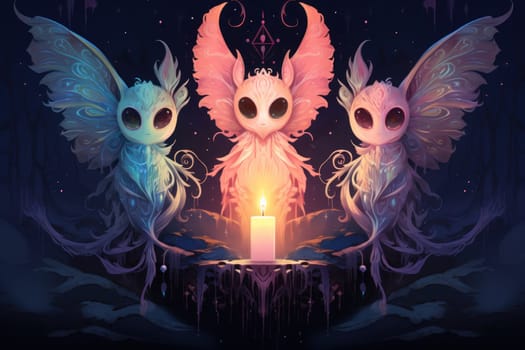 A captivating portrayal of celestial moth guardians, their ethereal presence warding off malevolent spirits with a soft, lunar glow.