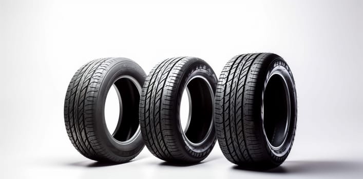 tyre auto tire stack rubber background object clean white tread drive track transportation rim automobile isolated wheel automotive copy space closeup car. Generative AI.