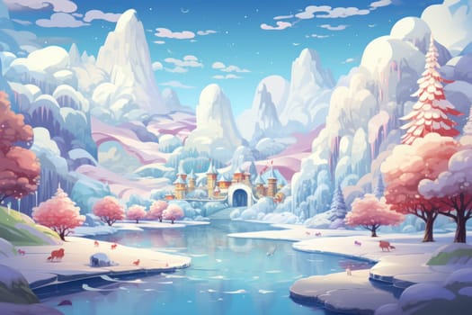 A captivating artistic portrayal of the enchanting winter season, where landscapes are magically transformed into a wonderland adorned with shimmering snow and sparkling icicles.