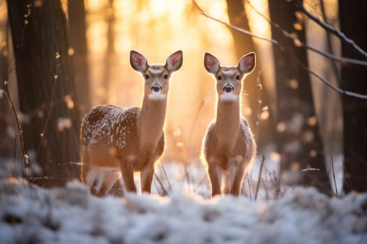 An enchanting winter tableau, showcasing the grace and resilience of wildlife, including deer, birds, and squirrels, in their natural habitats during the frosty season.