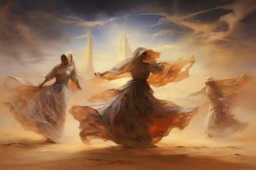 In the enchanting world of fantasy, there exist mystical beings known as whirling sand dervishes.