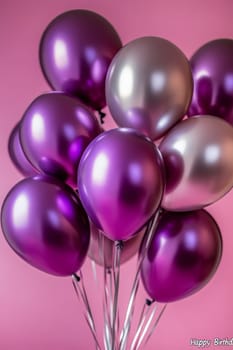 Metallic helium balloons with happy birthday inscription, Generative AI, holidays