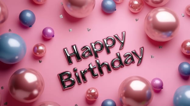 Metallic helium balloons with happy birthday inscription, Generative AI, holidays
