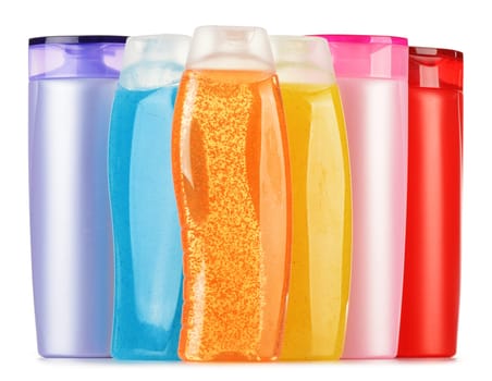Composition with plastic bottles of body care and beauty products