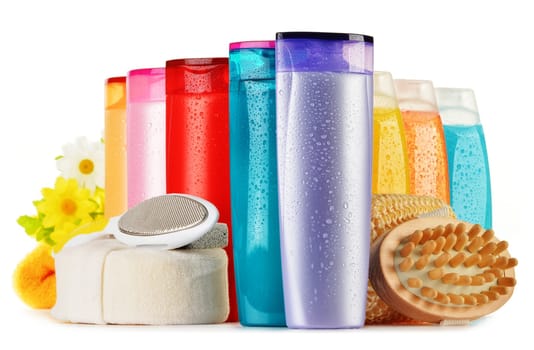 Composition with plastic bottles of body care and beauty products