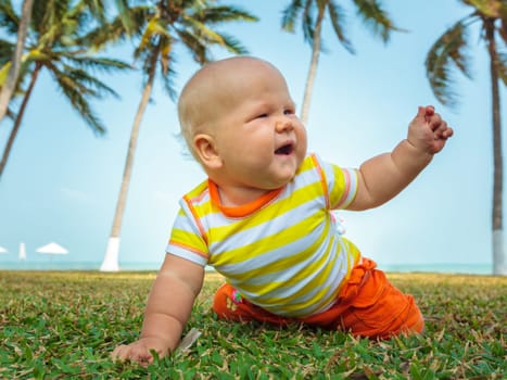 Cute baby sitting on a grass