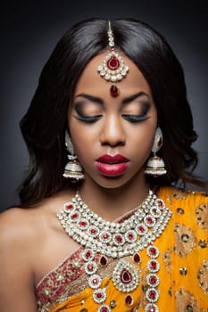 Young Indian woman dressed in traditional clothing with bridal makeup and jewelry