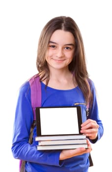 Teenager girl with schoolbag and digital tablet in her hands.