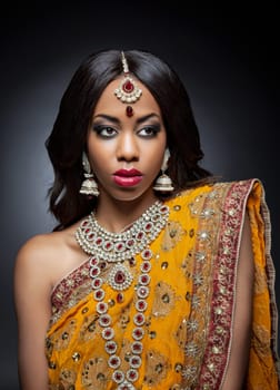 Young Indian woman dressed in traditional clothing with bridal makeup and jewelry