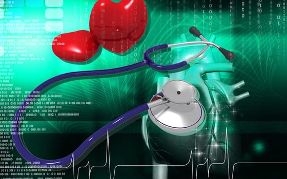 Digital illustration of stethoscope and heart in colour background
