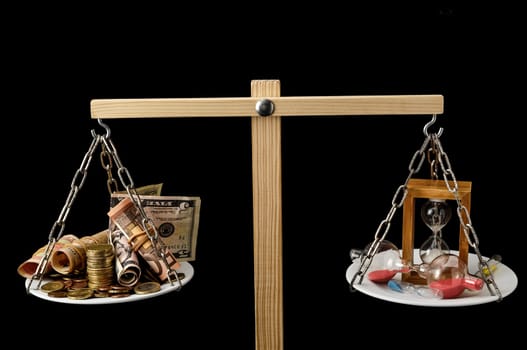 Time is Money Concept Clock and Currency on a Two Pan Balance