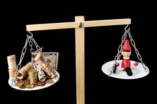 Liar Concept Pinocchio and Money on a Two Pan Balance