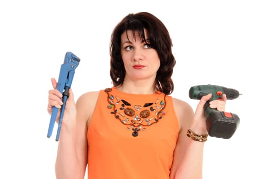 a nice woman with screwdriver and wrench isolated on the background