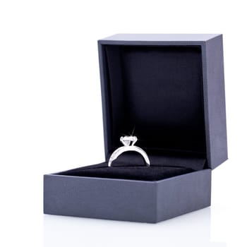 Beautiful modern elegant silver jewelry ring in a noble jewelry box box detail macro