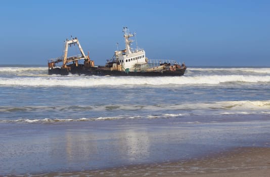 Shipwreck on a beach, Skeleton Coast, Namibia