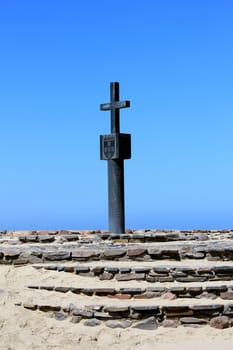 "Padrão"" stone cross at Cape Cross Bay, Skeleton Coast Namibia. (Settled by Portuguese navigator and explorer Diogo Cão in 1484)"