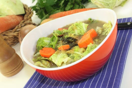 a red bowl with savoy cabbage stew