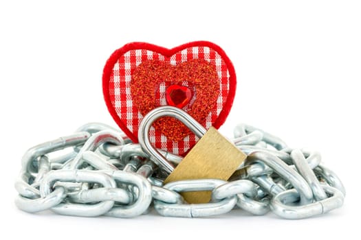 Love and passion concept. Chain, padlock and decorative heart on white background