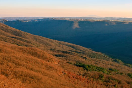 View of rufeno valley at sunset in Italy