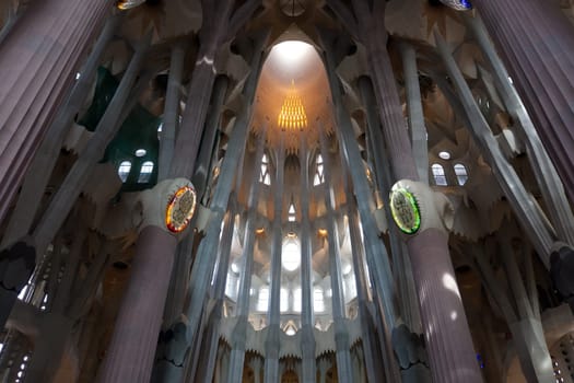 Famous Sagrada Familia cathedral interior, Barcelona, Spain