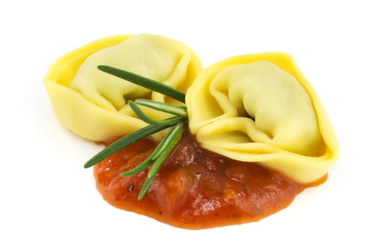Tortelloni with sugo,close-up of Italian pasta on a white background
