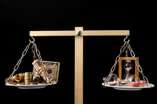 Time is Money Concept Clock and Currency on a Two Pan Balance