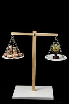 Globe Planet Earth and Money on a Two Pan Balance