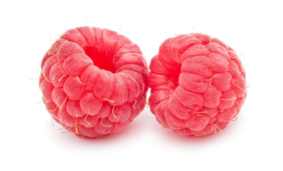 Ripe red raspberries isolated on white background