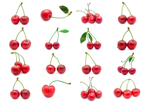 Collection of beautiful red cherry isolated on white background