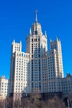 Beautiful view of soviet skyscraper Kotelnicheskaya Embankment Building, Moscow, Russia