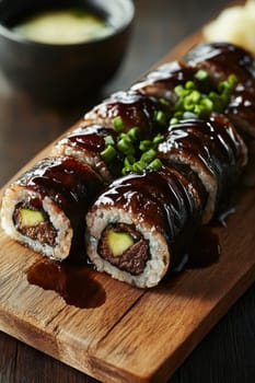 Fresh sushi rolls with ginger falling on a wooden plate, Generative AI, food