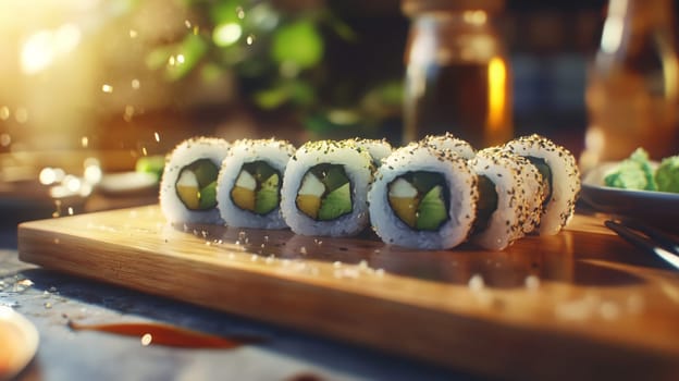Fresh sushi rolls with ginger falling on a wooden plate, Generative AI, food