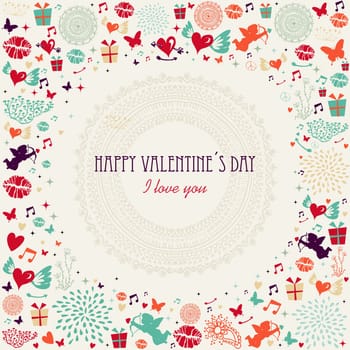 Retro Valentines day postcard colorful elements background. EPS10 vector file organized in layers for easy editing.